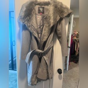 Long, gray faux fur lined coat from Vince Camuto